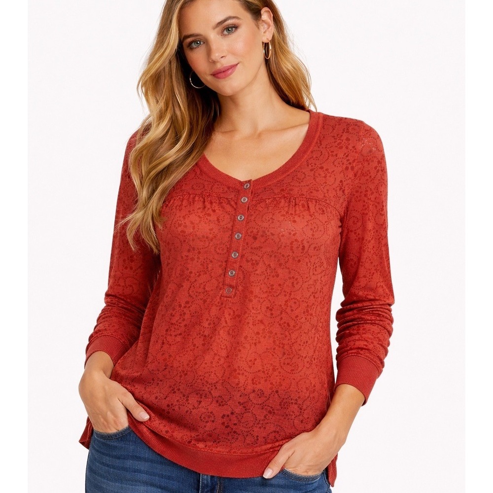 FREE PEOPLE Scoop Neck Burnout Henley Knit Shirt Top Women's S Orange Red Boho